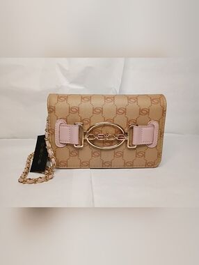 bebe Beige and Pink Logo Chain Crossbody Bag